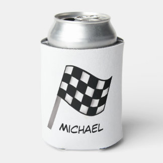 Black White Chequered Flag Race Name Personalized Can Cooler