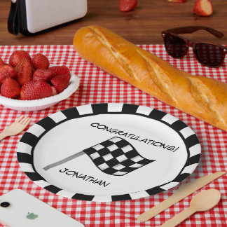 Black White Chequered Flag Race Name Personalized Paper Plate