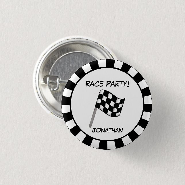 Black White Chequered Flag Race Party Name Badge 1 Inch Round Button (Front & Back)
