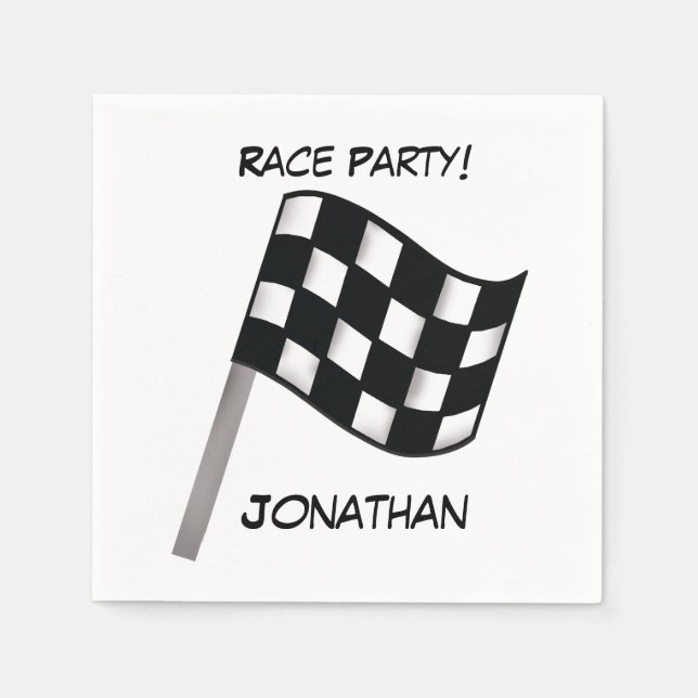 Black White Chequered Flag Race Party Name Napkin (Front)