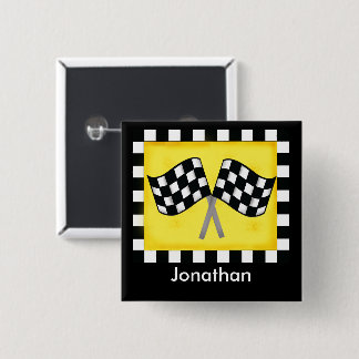 Black White Chequered Flag Yellow Name Badge 2 Inch Square Button