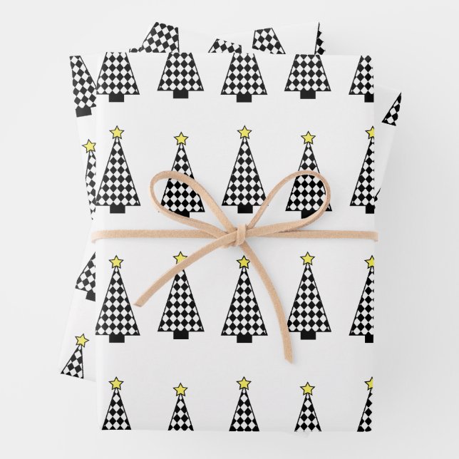 Black & White Chequered Holiday Tree Wrapping Pape Paper Sheet (In situ)