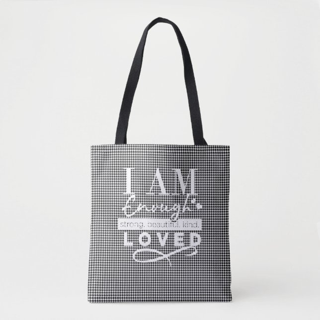 Black/White Chequered "I AM LOVED" tote (Front)