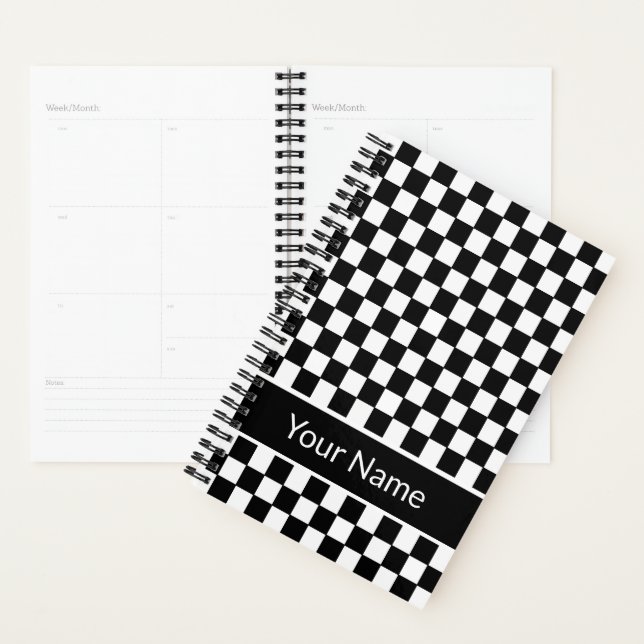 Black White Chequered Pattern Personalized Name Planner (Display)