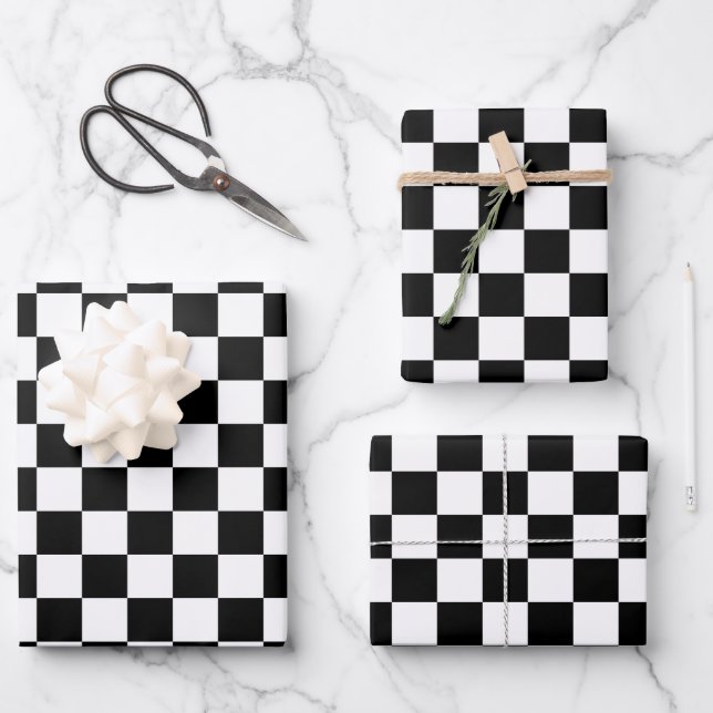 Black White Chequered Pattern Wrapping Paper Sheet (Front)