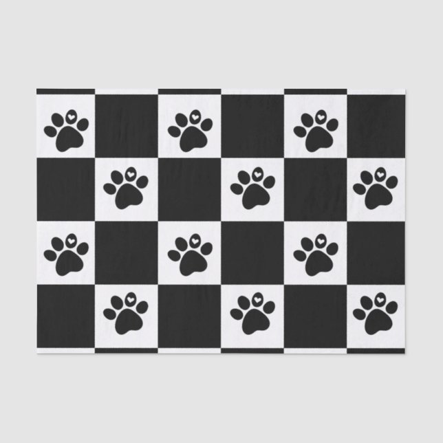 Black & White Chequered Pawprint  Tissue Paper (Front)