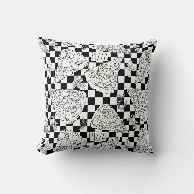 Black White Chequered Pizza Slices Herbs Sketch Throw Pillow (Front)