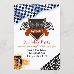 Black White Chequered Racing Flag Birthday Party Invitation