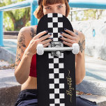 Black White Chequered Racing Flag Gold Monogram Skateboard<br><div class="desc">Create your own custom, personalized, modern, cool, stylish, black and white checks checkers chequered chequerboard geometric racing flag pattern, classy elegant faux gold typography script, best quality hard-rock maple competition shaped skateboard deck. To customize, simply type in your name / monogram / initials. While you add / design, you'll be...</div>