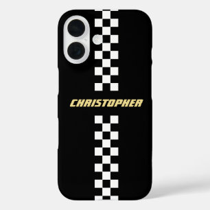 Black White Chequered Racing Flag Gold Monogrammed iPhone 16 Case