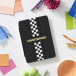 Black White Chequered Racing Flag Gold Monogrammed iPad Pro Cover<br><div class="desc">Create your own custom, personalized, cool, classy, classic, black and white chequered chequerboard racing flag stripe design pattern, faux gold typography / script monogram, trendy, magnetic iPad smart cover that folds into multiple stand positions and features grey microfiber interior that helps protect your screen, and wake / sleep function. To...</div>