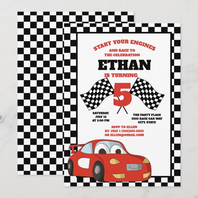 Black White Chequered Red Race Car Birthday Party Invitation (Front/Back)