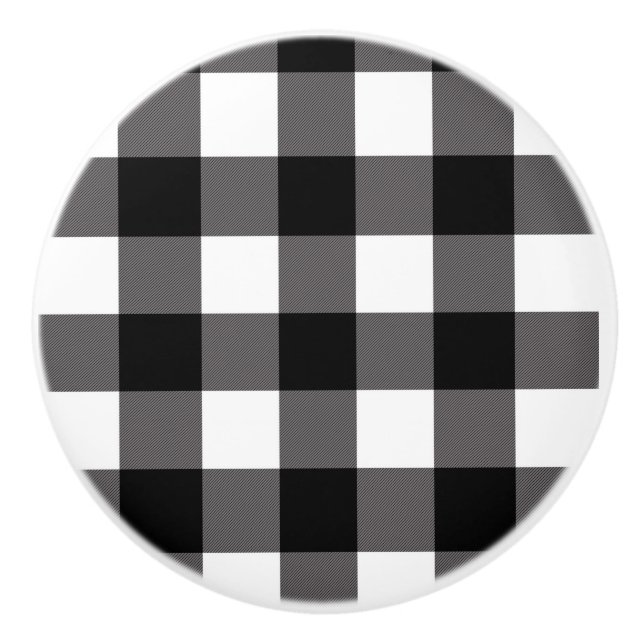 Black & White Chequered Squares Buffalo Plaid Ceramic Knob (Front)