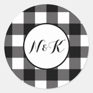 Black & White Chequered Squares Buffalo Plaid Classic Round Sticker