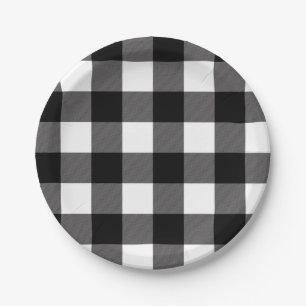 Black & White Chequered Squares Buffalo Plaid Paper Plate