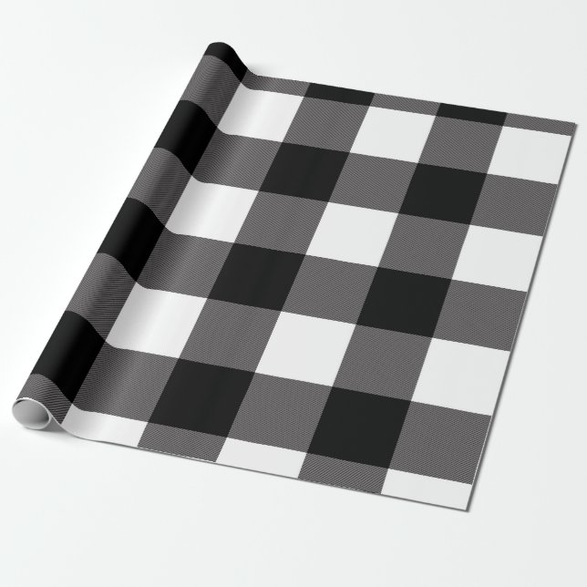 Black & White Chequered Squares Buffalo Plaid Wrapping Paper (Unrolled)