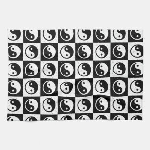 Black White Chequered Yin-yang Zen Block Print Kitchen Towel