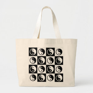 Black White Chequered Yin-yang Zen Block Print Large Tote Bag