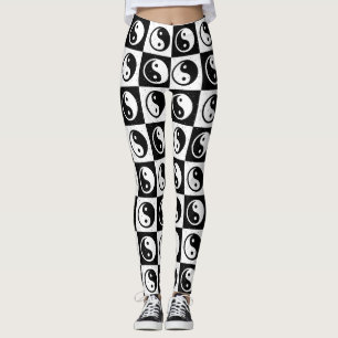 Black White Chequered Yin-yang Zen Block Print Leggings