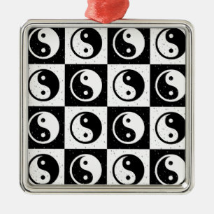 Black White Chequered Yin-yang Zen Block Print Metal Ornament