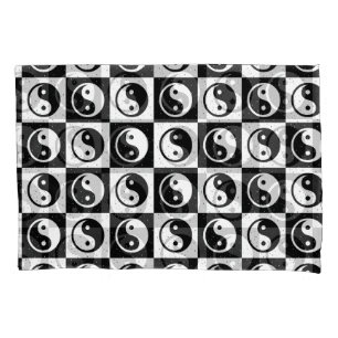 Black White Chequered Yin-yang Zen Block Print Pillowcase
