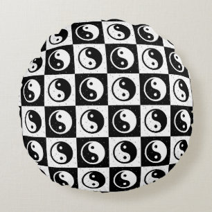 Black White Chequered Yin-yang Zen Block Print Round Pillow