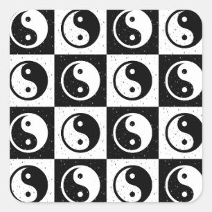 Black White Chequered Yin-yang Zen Block Print Square Sticker