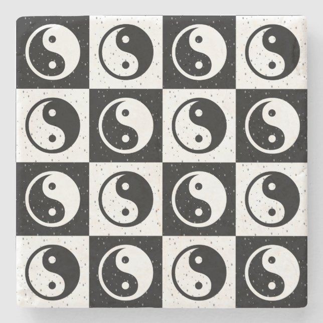 Black White Chequered Yin-yang Zen Block Print Stone Coaster (Front)