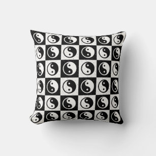 Black White Chequered Yin-yang Zen Block Print Throw Pillow