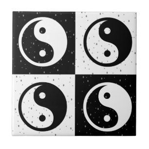 Black White Chequered Yin-yang Zen Block Print Tile