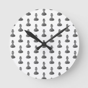 Black & White Chess Figures Linocut Pawn Round Clock