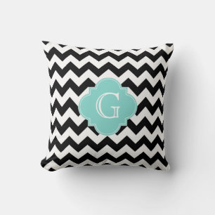 Black White Chevron Aqua Quatrefoil Monogram Throw Pillow