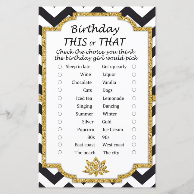 Black White Chevron Birthday this or that game (Front)