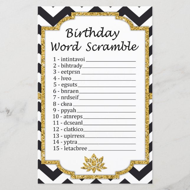 Black White Chevron Birthday Word Scramble Game (Front)