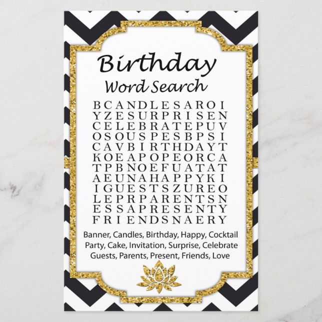 Black White Chevron Birthday word search game (Front)