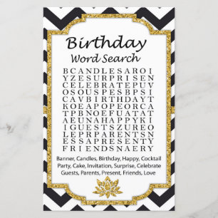 Black White Chevron Birthday word search game