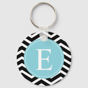 Black White Chevron Blue Monogram Keychain