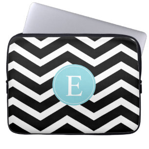 Black White Chevron Blue Monogram Laptop Sleeve