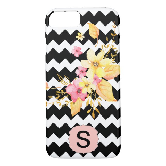 Black & White Chevron Floral Monogram Case-Mate iPhone Case (Back)
