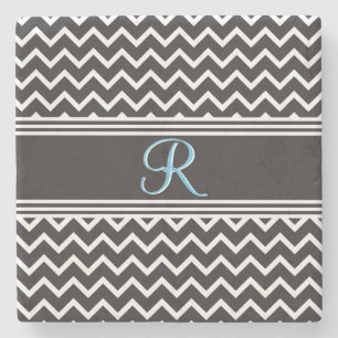 Black White Chevron Gothic Zigzag Monogram Stone Coaster