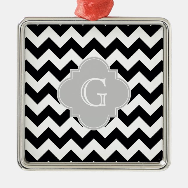 Black White Chevron Grey Quatrefoil Monogram Metal Ornament (Front)