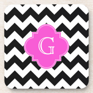 Black White Chevron Hot Pink Quatrefoil Monogram Coaster