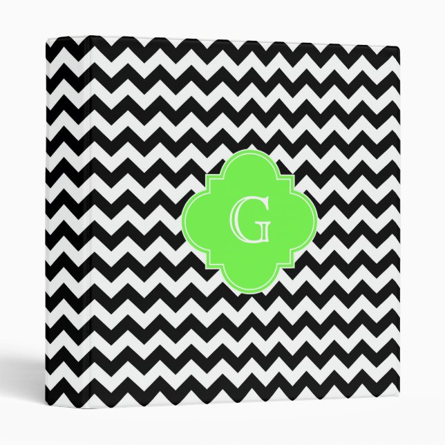 Black White Chevron Lime Green Quatrefoil Monogram Binder (Front/Spine)
