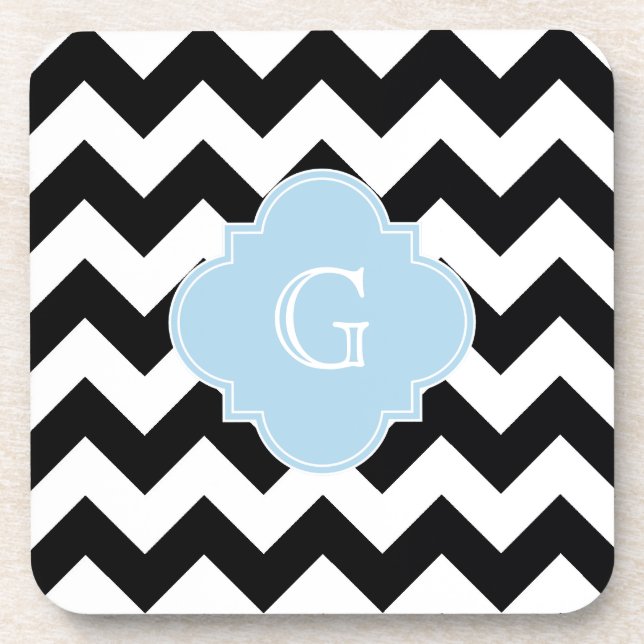 Black White Chevron Lt Blue Quatrefoil Monogram Coaster (Front)