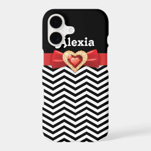 Black white chevron pattern with red bow and jewel