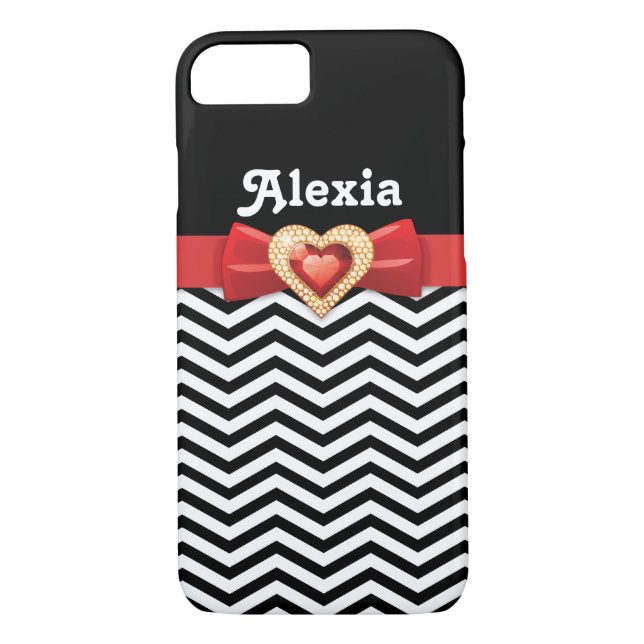 Black white chevron pattern with red bow and jewel Case-Mate iPhone case (Back)