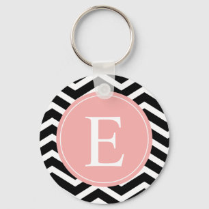 Black White Chevron Peach Monogram Keychain