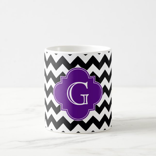 Black White Chevron Purple Quatrefoil Monogram Coffee Mug (Center)