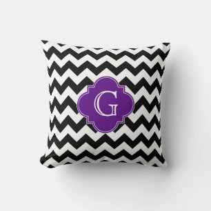 Black White Chevron Purple Quatrefoil Monogram Throw Pillow