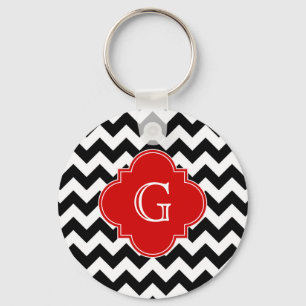 Black White Chevron Red Quatrefoil Monogram Keychain